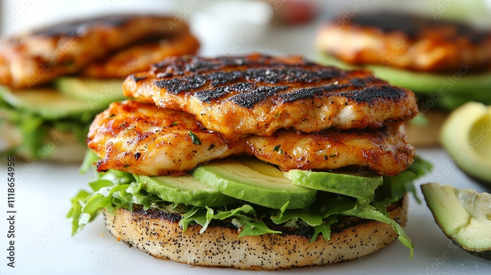 A delicious grilled chicken sandwich with avocado and lettuce on a poppy seed bun. A delicious grilled chicken sandwich with avocado and lettuce on a poppy seed bun.
