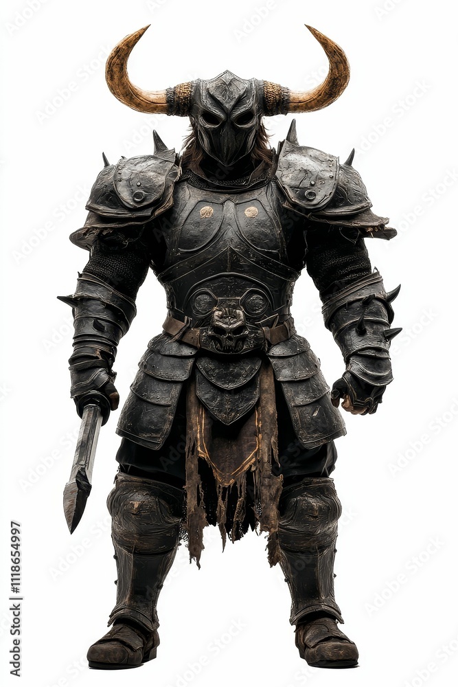 Dark armored figure, horned helmet, holding sword. Dark armored figure, horned helmet, holding sword.