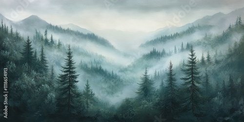 Misty evergreen forest with foggy mountains