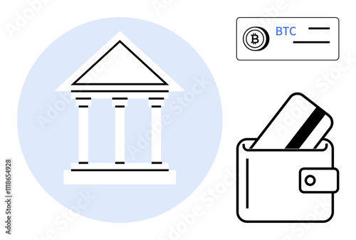 Bank building with columns, cryptocurrency BTC card, and wallet with credit card. Ideal for finance, banking, cryptocurrency, digital payments, e-wallets, financial technology and economic