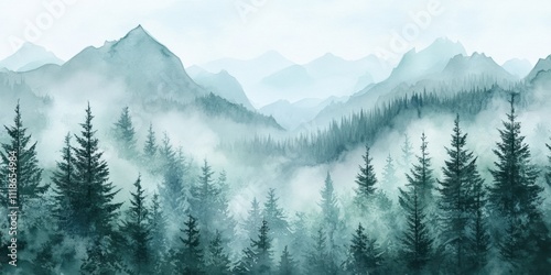 Fototapeta Naklejka Na Ścianę i Meble -  Misty forest landscape in watercolor