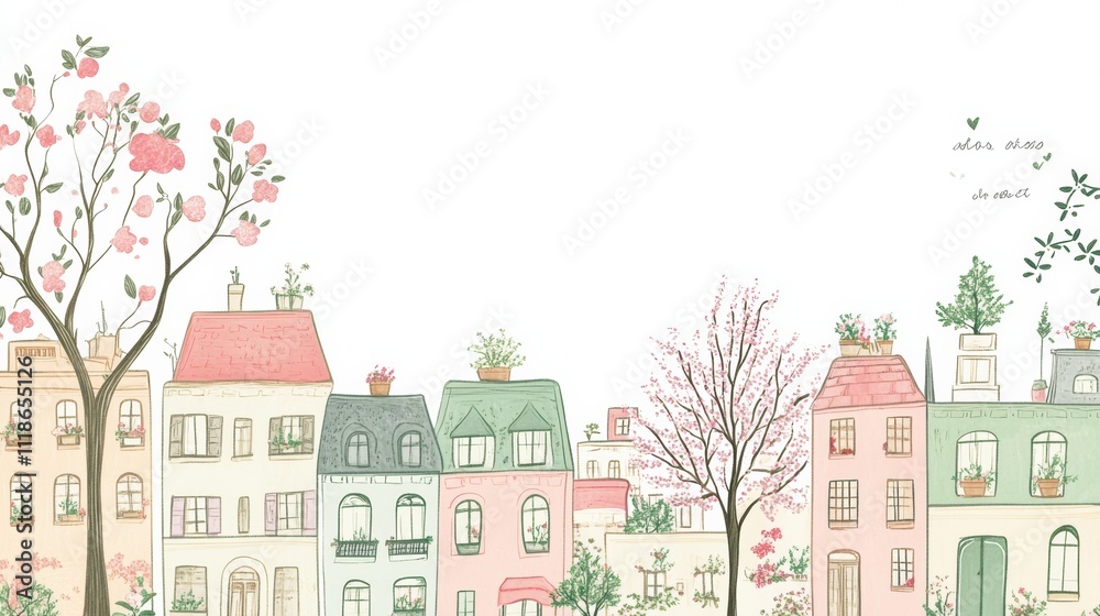 A lively spring city street features unique buildings with flower pots on windows and blooming trees lining the sidewalk, inviting warmth. Generative AI A lively spring city street features unique buildings with flower pots on windows and blooming trees lining the sidewalk, inviting warmth. Generative AI