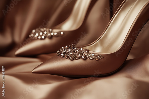 muted mocha brown beautiful satin pumps adorned with gems on a muted mocha brown background, 2025 trend photo