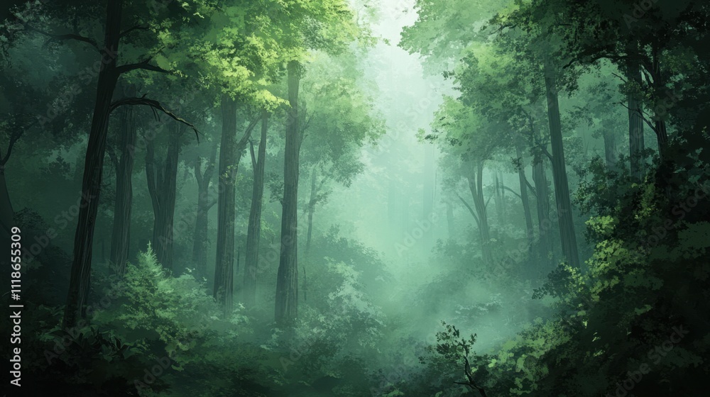 Obraz premium Misty forest serenity with coniferous trees