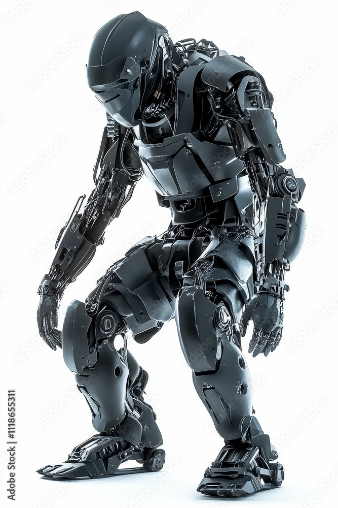 Dark robotic figure crouching, metallic, detailed.