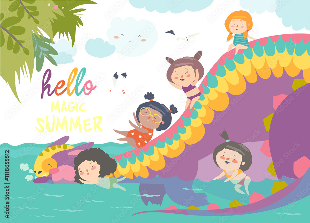 Kids playing with cute dragon at waterpark in summer vacation. Vector illustration Kids playing with cute dragon at waterpark in summer vacation. Vector illustration