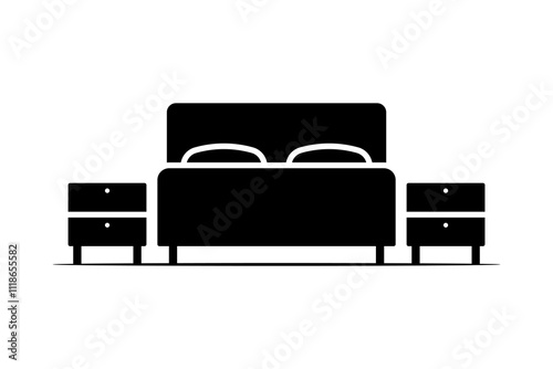 Double bed and nightstands icon. Black silhouette. Front side view. Vector simple flat graphic illustration. Isolated object on white background. Isolate.