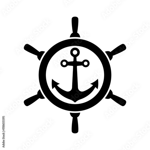 Ship steering wheel and anchor icon. Black silhouette. Front view. Vector simple flat graphic illustration. Isolated object on white background. Isolate.