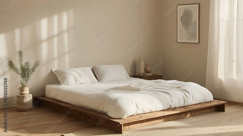 Cozy Japandi bedroom featuring a low platform bed with crisp white linens, a simple wooden nightstand, and a framed abstract print on the wall Cozy Japandi bedroom featuring a low platform bed with crisp white linens, a simple wooden nightstand, and a framed abstract print on the wall