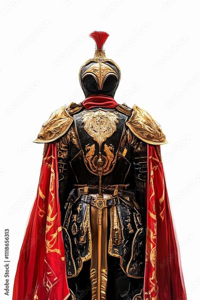 Obraz premium Ornate golden armor, red cape, warrior's back.
