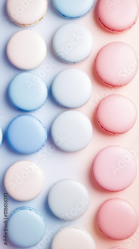 Pastel Macaron Delight: Rows of delicate pastel macarons arranged in a gradient of soft blues and pinks, creating a visually appealing and aesthetically pleasing image. Perfect for blogs, websites.