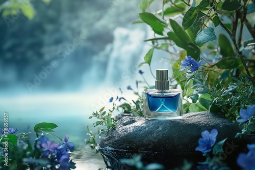 Sapphire Perfume Bottle on Dark Stone, Surrounded by Greenery and Blue Wildflowers photo