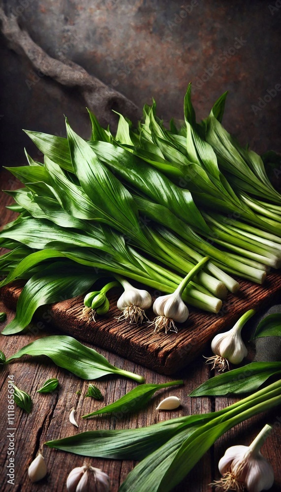 Fototapeta premium Fresh Wild Garlic on a Wooden Cutting Board