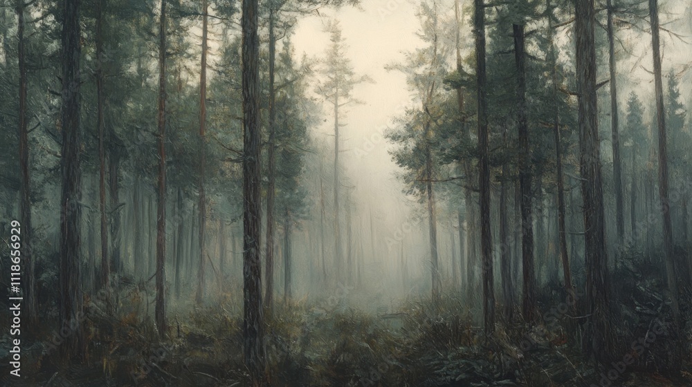 Misty pine forest in ethereal light Misty pine forest in ethereal light