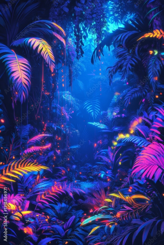 Vibrant, glowing foliage in a dark, tropical scene. Vibrant, glowing foliage in a dark, tropical scene.