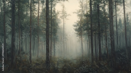 Misty pine forest in ethereal light