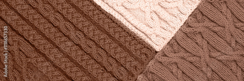 Demonstrating the colors of 2025 - Mocha Mousse. Knitted abstract background in three shades in trendy colors 2025. Large knitted blanket or sweater with pattern. Color concept. Banner