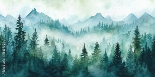 Misty watercolor forest landscape with mountains
