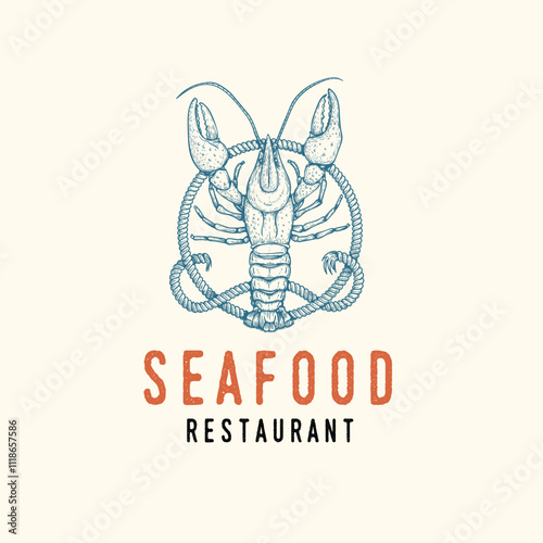 Hand drawn Lobster on the Rope circle. Seafood restaurant designs template. Vintage retro sketch style. Menu and flyer design. Vector illustration. photo