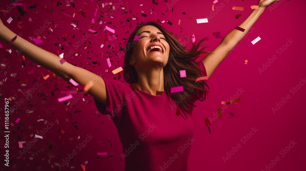 Fototapeta premium Freude und Feier mit Konfetti auf rotem Hintergrund