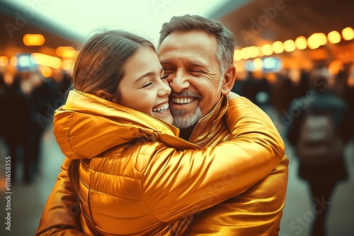 photo of father hugging his daughter at airport arrival gate with smiles of joy and relief