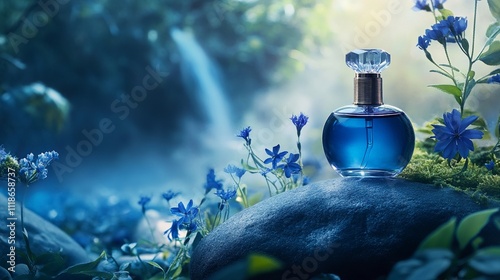 Sapphire Perfume Bottle on Dark Stone, Surrounded by Greenery and Blue Wildflowers photo