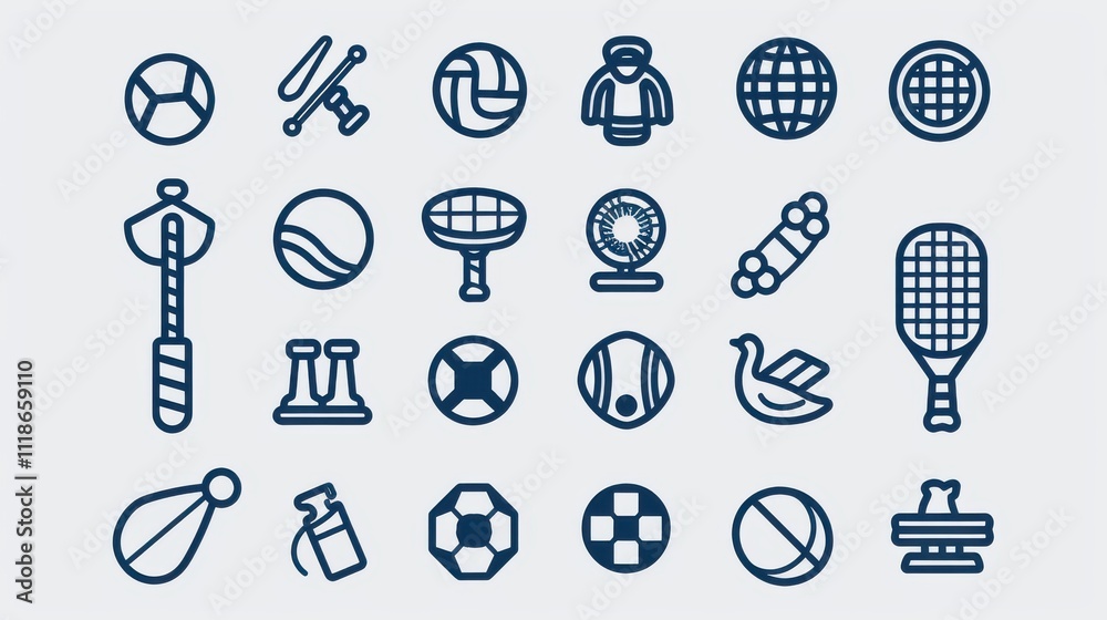 Editable line icon set of sports symbols, including football, cricket, golf, tennis, swimming, and chess, in a clean vector design Editable line icon set of sports symbols, including football, cricket, golf, tennis, swimming, and chess, in a clean vector design