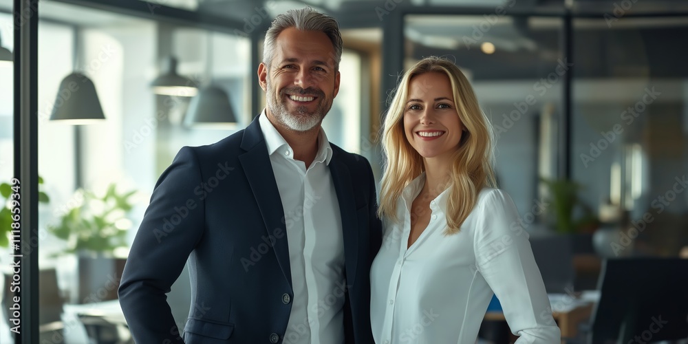 A man and woman are posing for a photo in a business setting. The man is wearing a suit and tie, while the woman is wearing a white blouse and a skirt. They both have smiles on their faces A man and woman are posing for a photo in a business setting. The man is wearing a suit and tie, while the woman is wearing a white blouse and a skirt. They both have smiles on their faces