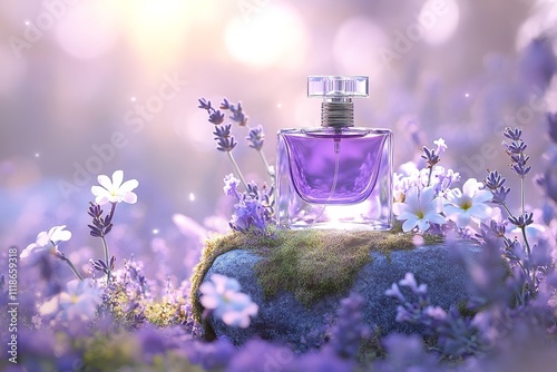 Violet Perfume Bottle on Stone with Lavender Moss, Surrounded by Purple and White Flowers photo
