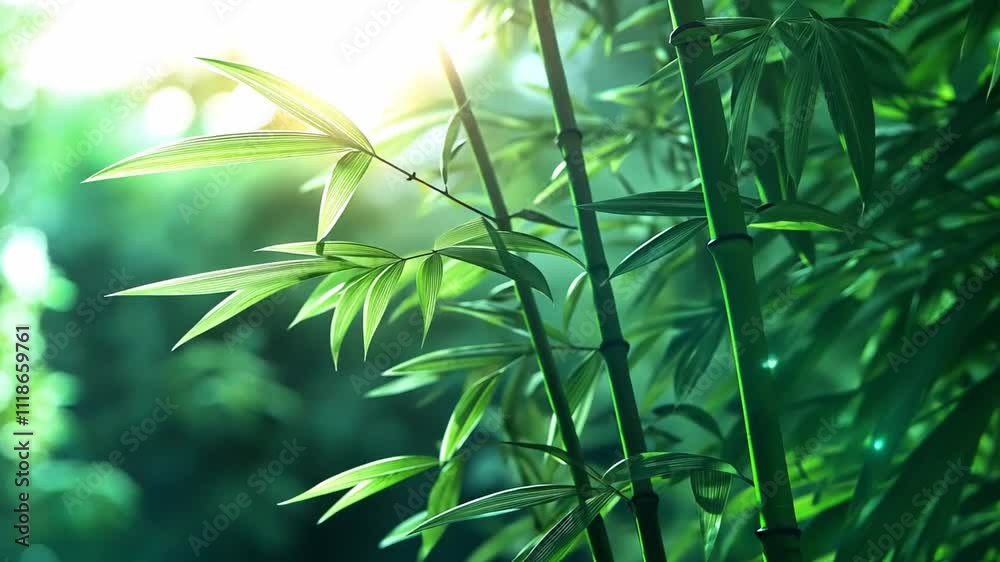 Lush bamboo forest with vibrant green leaves illuminated by soft sunlight in a serene setting