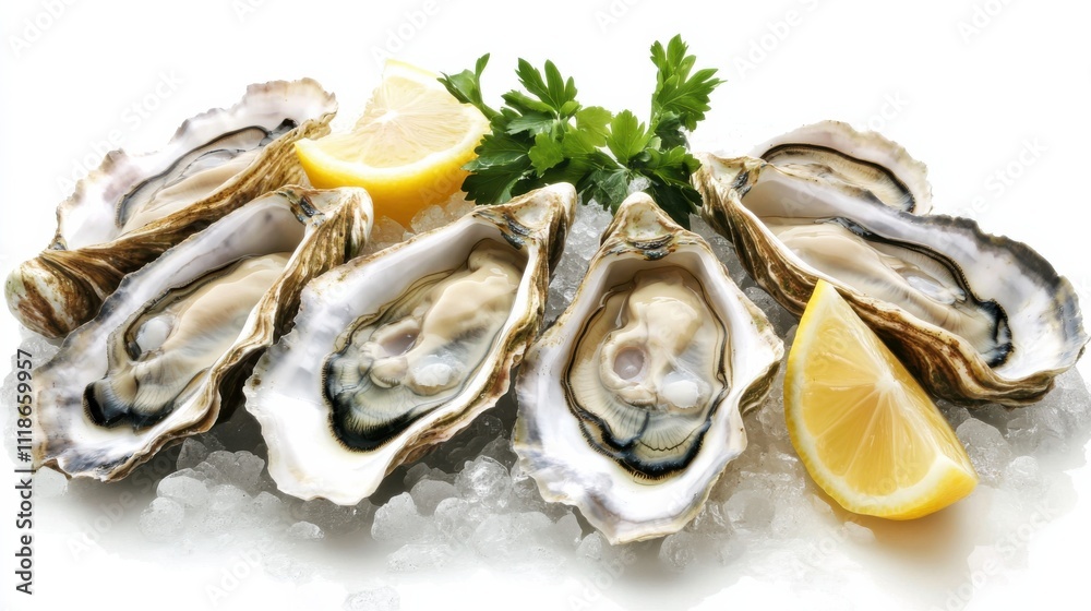 Close-up of oysters on ice with lemon slices in a bright setting. Close-up of oysters on ice with lemon slices in a bright setting.