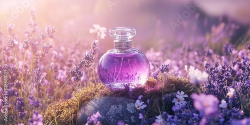Violet Perfume Bottle on Stone with Lavender Moss, Surrounded by Purple and White Flowers photo