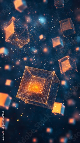 Cosmic Cubes: Abstract digital art of glowing, interconnected cubes floating in a dark, starry expanse.  A mesmerizing visualization of data streams and technological innovation. 