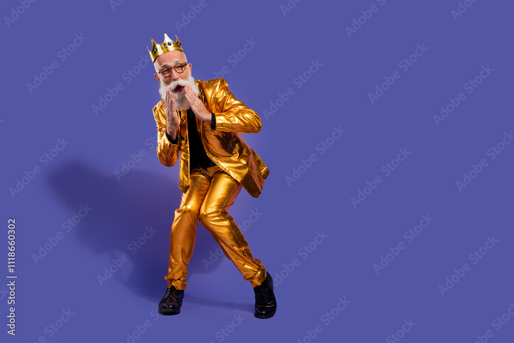 Full body portrait of funny eccentric man whisper empty space golden shiny suit isolated on purple color background Full body portrait of funny eccentric man whisper empty space golden shiny suit isolated on purple color background