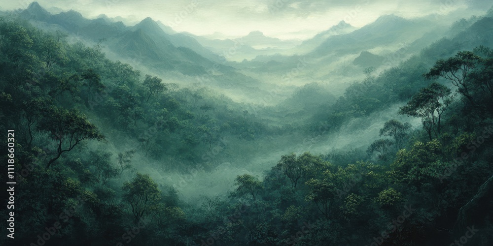 Mystical misty forest with evergreen trees Mystical misty forest with evergreen trees