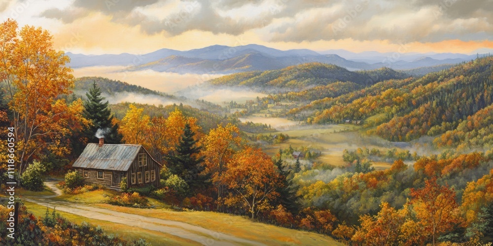 Naklejka premium Panoramic autumn mountain landscape with cabin