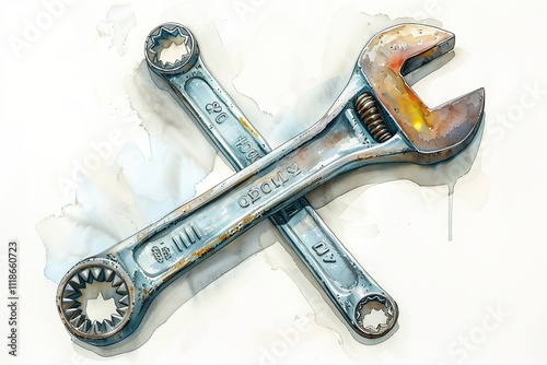 Illustration of a rusty adjustable wrench with a detailed design and soft background.