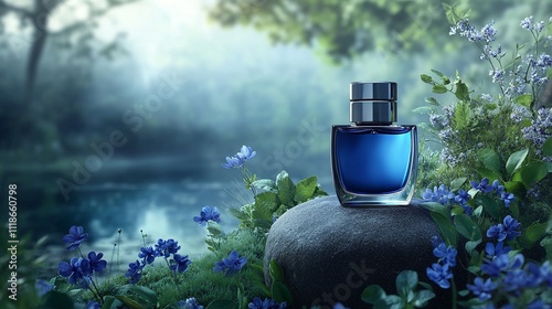 Sapphire Perfume Bottle on Dark Stone, Surrounded by Greenery and Blue Wildflowers photo