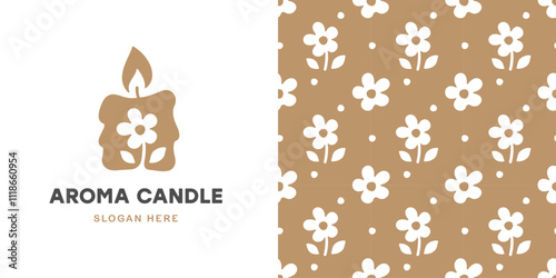 Burning candle and fragrant flower. Sign or logo template. Seamless background with white flowers for printing on paper, packaging, souvenirs. Vector, illustration
