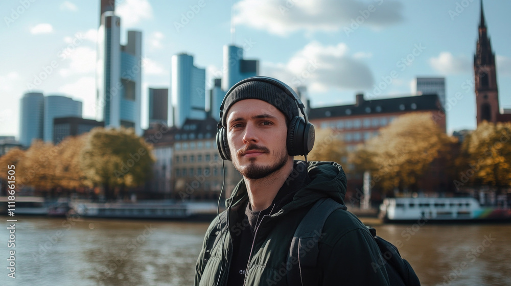 A young man stands by the river, immersed in music with headphones on, surrounded by the stunning skyline of Frankfurt's skyscrapers and the golden hues of autumn leaves