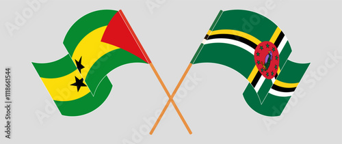 Crossed and waving flags of Sao Tome and Principe and Dominica. Vector illustration