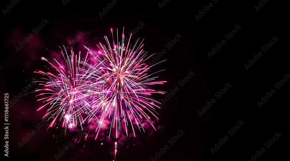 Vibrant display of pink and purple fireworks against a dark night sky, capturing the beauty and excitement of a fireworks show Vibrant display of pink and purple fireworks against a dark night sky, capturing the beauty and excitement of a fireworks show