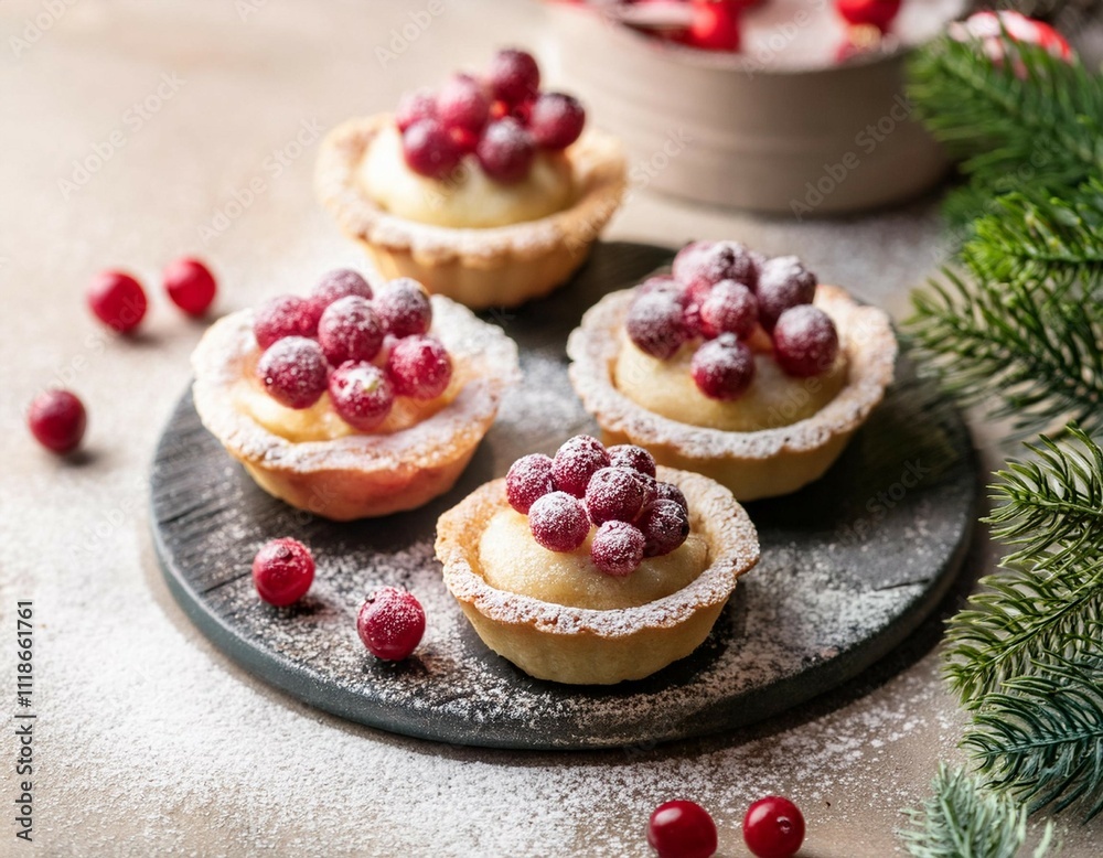 festive mini tarts dusted with powdered sugar topped with cranberries for christmas dessert