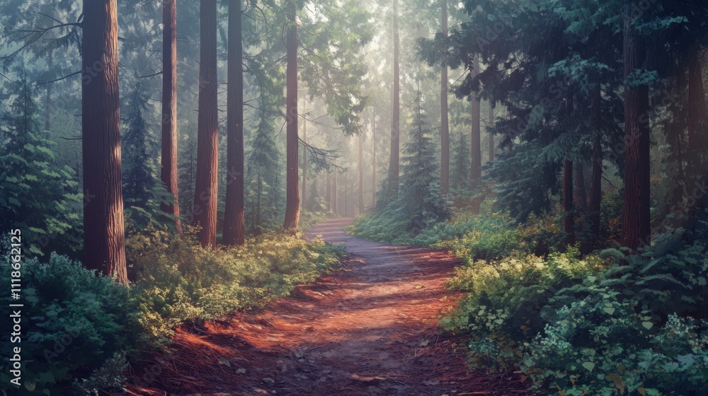 Obraz premium Serene forest path through lush evergreens