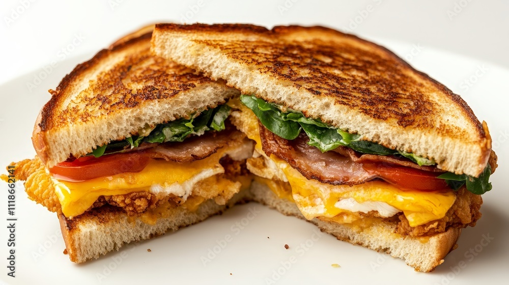 A delicious sandwich with layers of egg, cheese, ham, lettuce, and tomato on toasted bread. A delicious sandwich with layers of egg, cheese, ham, lettuce, and tomato on toasted bread.