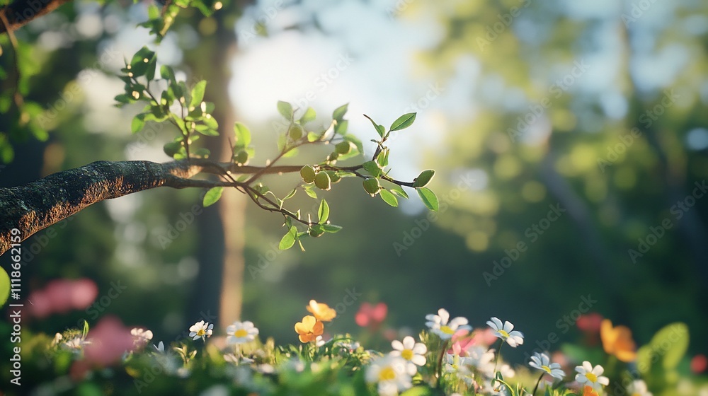 A serene forest scene with vibrant flowers and gentle sunlight. A serene forest scene with vibrant flowers and gentle sunlight.