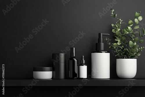 Black and White Skincare Jars and Bottles on a Glossy Black Shelf, Sleek Modern Display photo