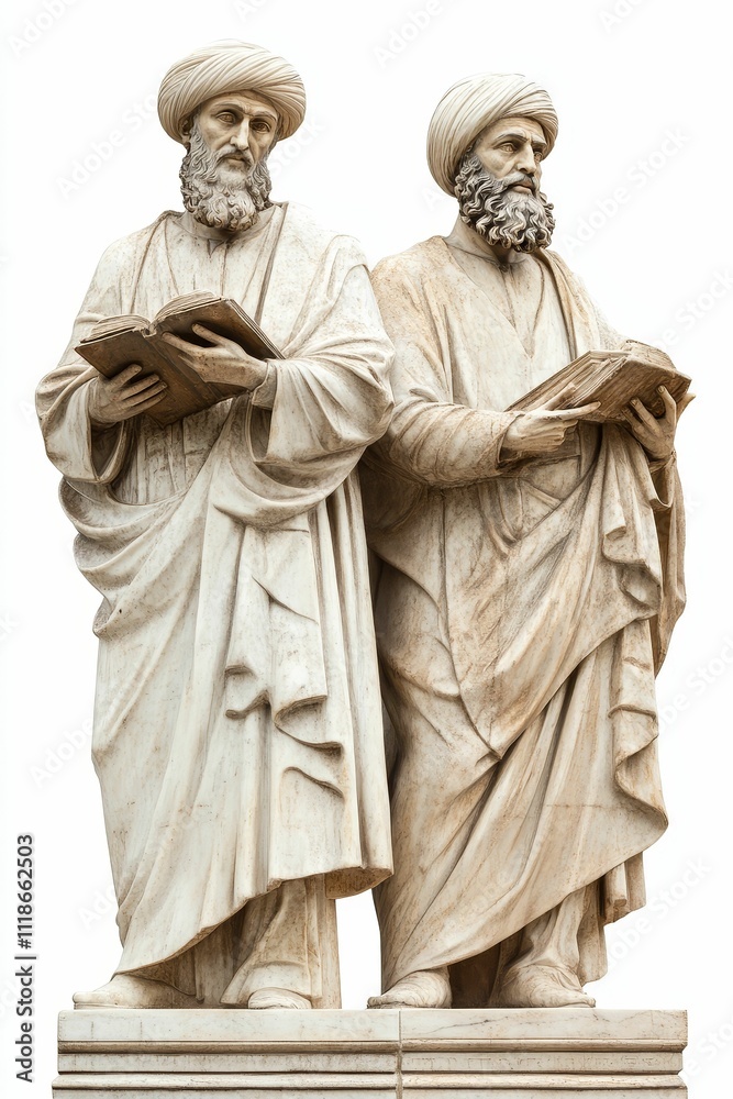 Fototapeta premium Stone statues, scholars, books, robed figures.