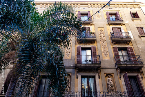 Photography Facade of an old apartment building in El Raval, Barcelona, Catalonia, Spain, Eu