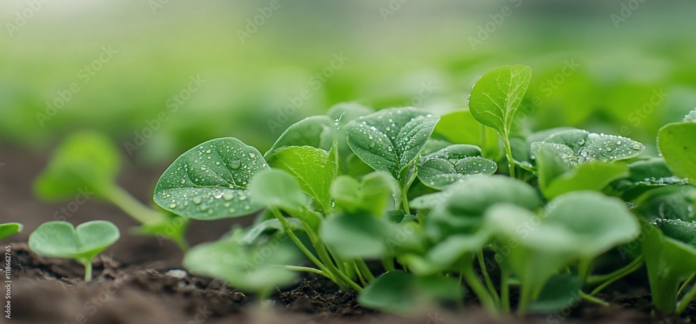 Lush green plants with dew in a garden setting. Lush green plants with dew in a garden setting.